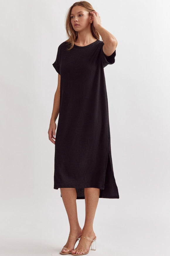 Black Soft Ribbed Midi Dress